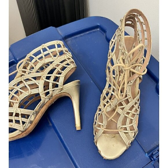 JOIE Shoes - $385.00 JOIE GLADIATOR GOLD LEAH LACE FRONT LEATHER HEELS SHOES SZ 39
